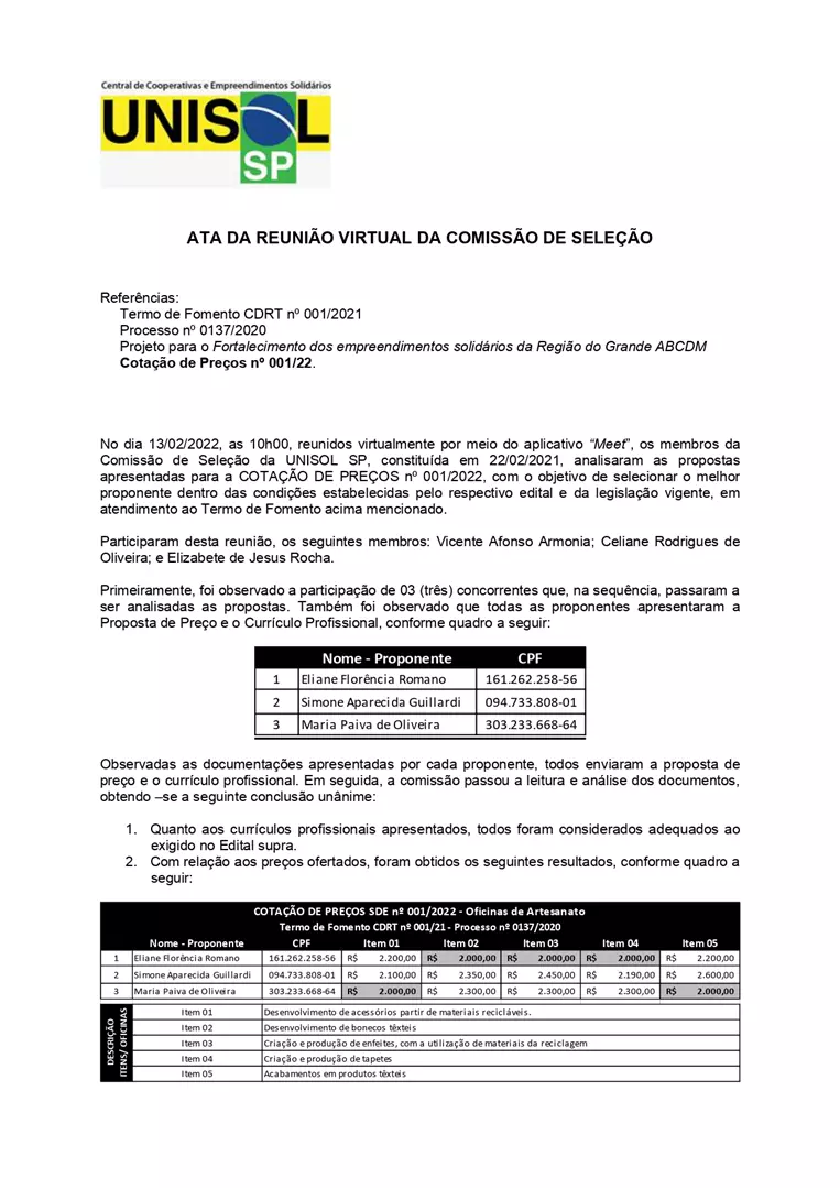 TERMO DE HOMOLOGAÇÃO DA COTAÇÃO 001/22